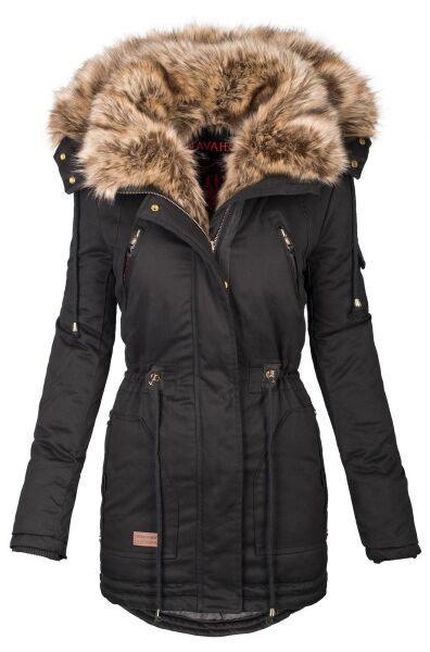 Navahoo Daria Damen Parka Jacke mit Kunstfellkragen Schwarz