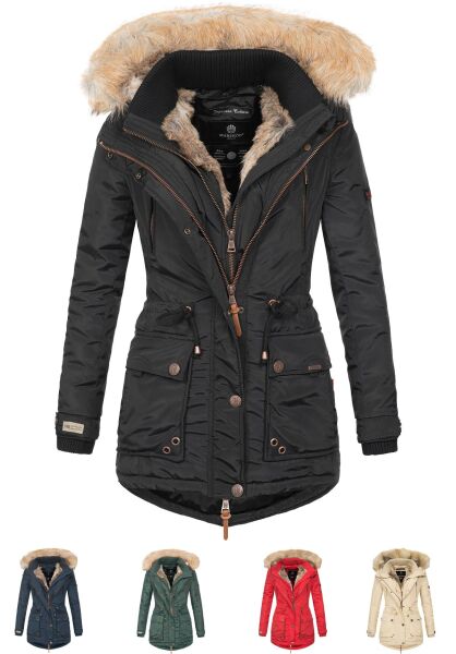 Marikoo Grinsekatze Damen lange Winterjacke mit Kapuze