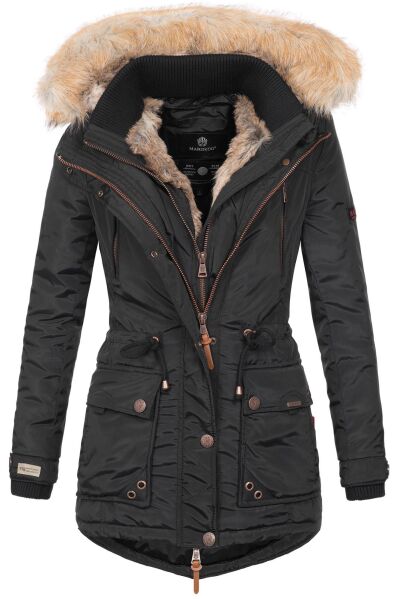 Marikoo Grinsekatze Damen lange Winterjacke mit Kapuze und Kunstfell Schwarz Größe XS - Gr. 34