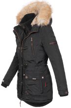 Marikoo Grinsekatze Damen lange Winterjacke mit Kapuze und Kunstfell Schwarz Größe XS - Gr. 34