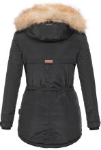 Marikoo Grinsekatze Damen lange Winterjacke mit Kapuze und Kunstfell Schwarz Größe XS - Gr. 34