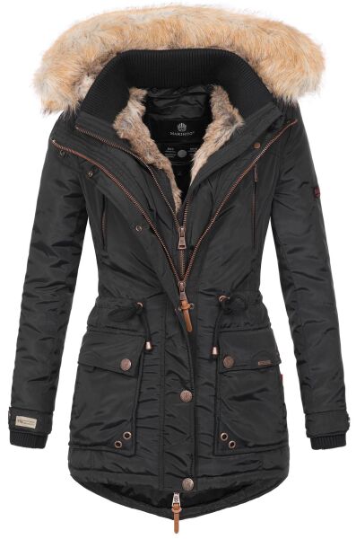 Marikoo Grinsekatze Damen lange Winterjacke mit Kapuze und Kunstfell Schwarz Größe S - Gr. 36