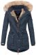 Marikoo Grinsekatze Damen lange Winterjacke mit Kapuze und Kunstfell Navy Größe XS - Gr. 34