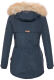 Marikoo Grinsekatze Damen lange Winterjacke mit Kapuze und Kunstfell Navy Größe XS - Gr. 34