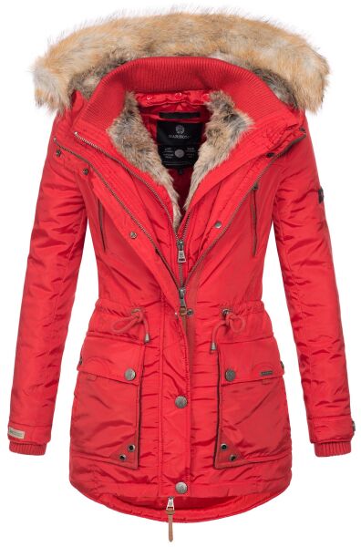 Marikoo Grinsekatze Damen lange Winterjacke mit Kapuze und Kunstfell Rot Größe XS - Gr. 34