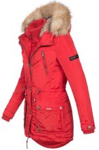 Marikoo Grinsekatze Damen lange Winterjacke mit Kapuze und Kunstfell Rot Größe XS - Gr. 34