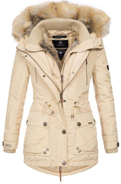 Marikoo Grinsekatze Damen lange Winterjacke mit Kapuze und Kunstfell Beige Größe S - Gr. 36