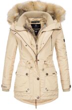 Marikoo Grinsekatze Damen lange Winterjacke mit Kapuze und Kunstfell Beige Größe S - Gr. 36