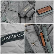 Marikoo Grinsekatze Damen lange Winterjacke mit Kapuze und Kunstfell Beige Größe S - Gr. 36
