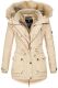 Marikoo Grinsekatze Damen lange Winterjacke mit Kapuze und Kunstfell Beige Größe S - Gr. 36