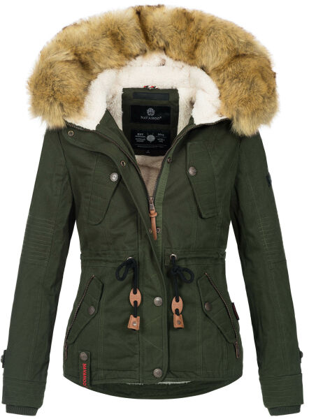 Navahoo Pearl Damen Winterjacke mit Kunstfell Grün Größe XS - Gr. 34