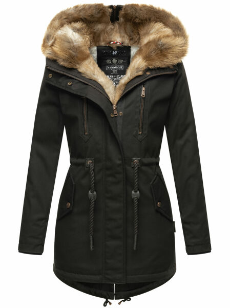 Navahoo Diamond lange Damen Winterjacke mit Teddyfell Schwarz Größe XS - Gr. 34