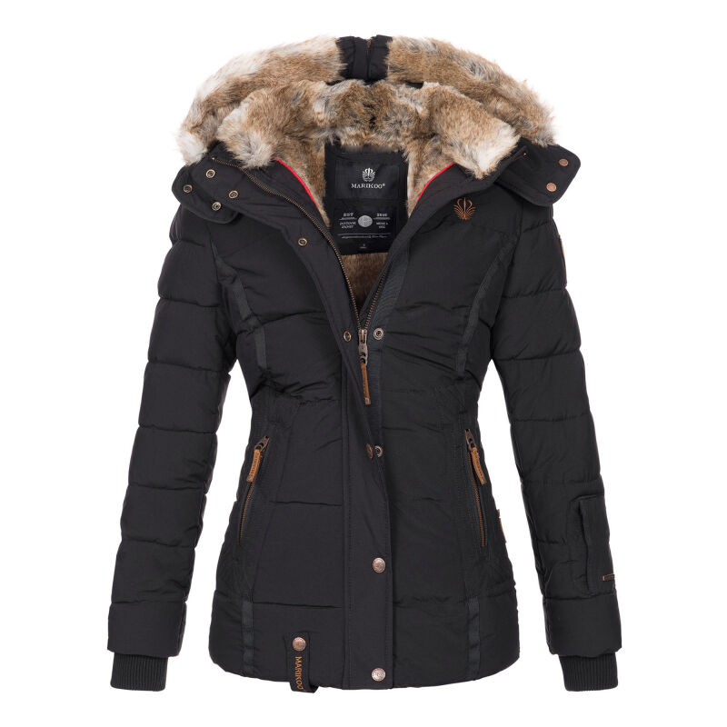 Marikoo Nekoo warm gef&uuml;tterte Damen Winterjacke mit Kunstfell Schwarz Gr&ouml;&szlig;e L - Gr. 40