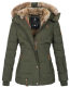 Marikoo Nekoo warm gefütterte Damen Winterjacke mit Kunstfell Olive Größe S - Gr. 36