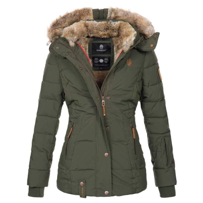 Marikoo Nekoo warm gef&uuml;tterte Damen Winterjacke mit Kunstfell Olive Gr&ouml;&szlig;e XXL - Gr. 44