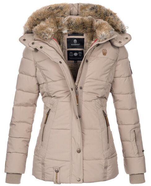 Marikoo Nekoo warm gefütterte Damen Winterjacke mit Kunstfell Taupe Größe L - Gr. 40