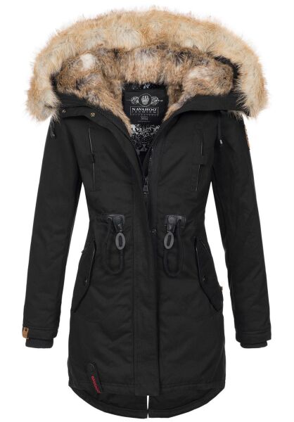 Navahoo Bombii Damen Winterjacke lang mit Kunstfell Schwarz Größe S - Gr. 36