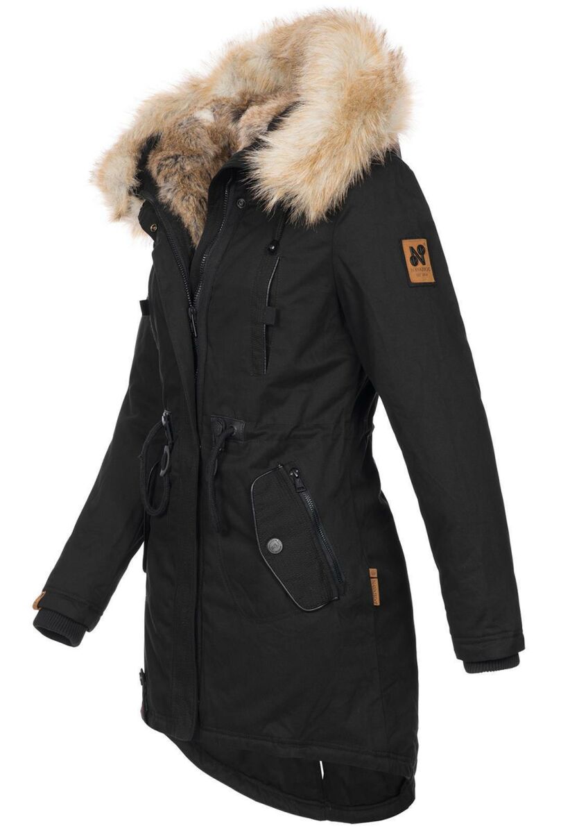 Navahoo Bombii Damen Winterjacke lang mit Kunstfell Schwarz Größe M