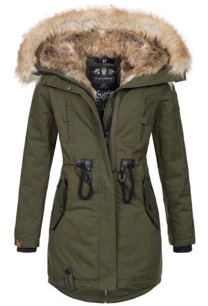 Navahoo Bombii Damen Winterjacke lang mit Kunstfell Olive Größe XS - Gr. 34