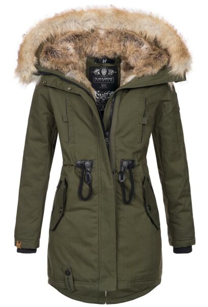 Navahoo Bombii Damen Winterjacke lang mit Kunstfell Olive Größe S - Gr. 36