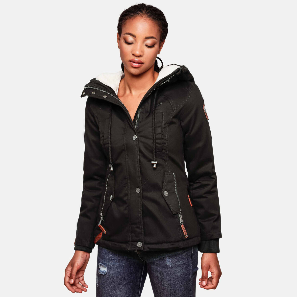 Marikoo Bikoo Damen gefütterte Winterjacke mit Teddyfell Schwarz Größe M - Gr. 38