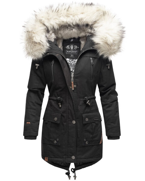 Navahoo Honigfee warme Damen Winterjacke mit Kapuze und Kunstfell Schwarz Größe S - Gr. 36