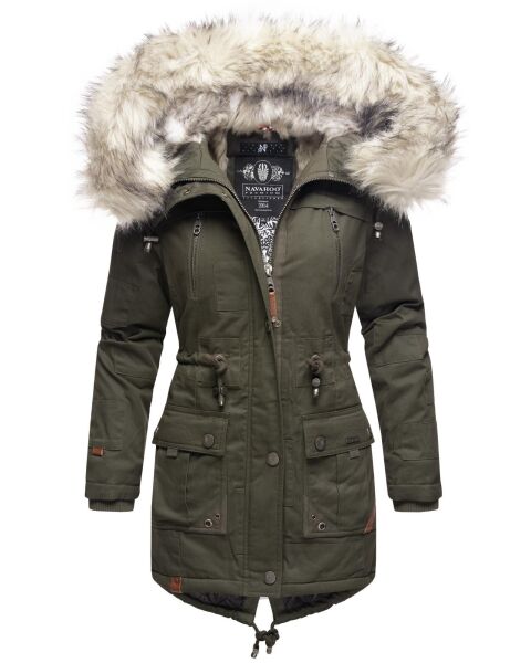 Navahoo Honigfee warme Damen Winterjacke mit Kapuze und Kunstfell Olive Größe M - Gr. 38