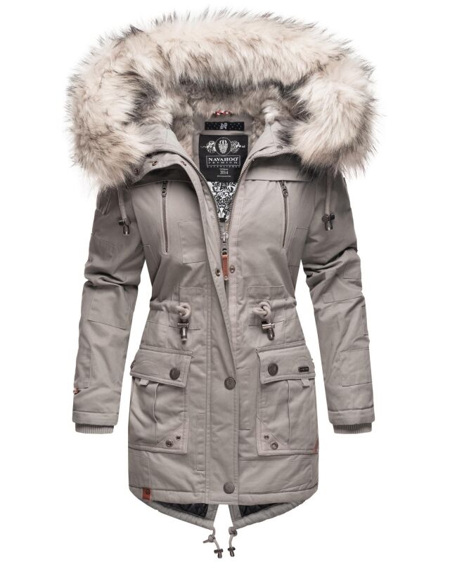 Navahoo Honigfee warme Damen Winterjacke mit Kapuze und Kunstfell Hellgrau Gr&ouml;&szlig;e XS - Gr. 34