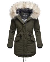 Navahoo Lady Like warme Damen Winterjacke mit Kapuze und Kunstfell Olive Größe S - Gr. 36