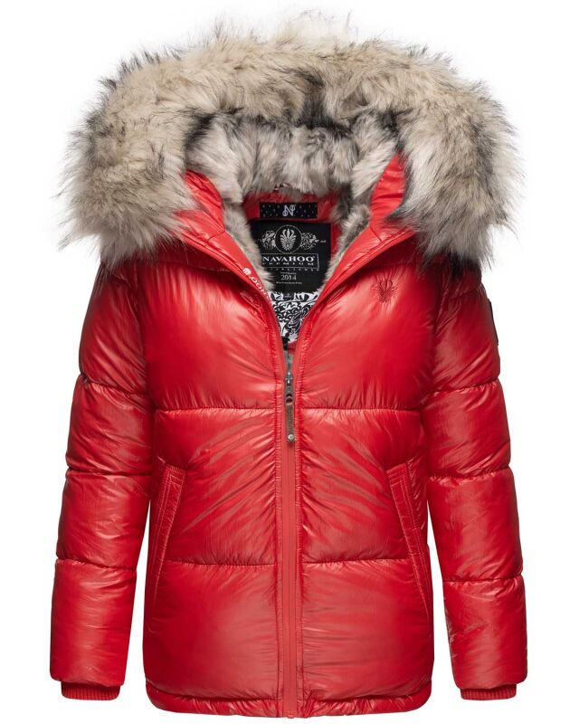 Navahoo Tikunaa Damen Winterjacke mit Kapuze und Kunstfellkragen Rot