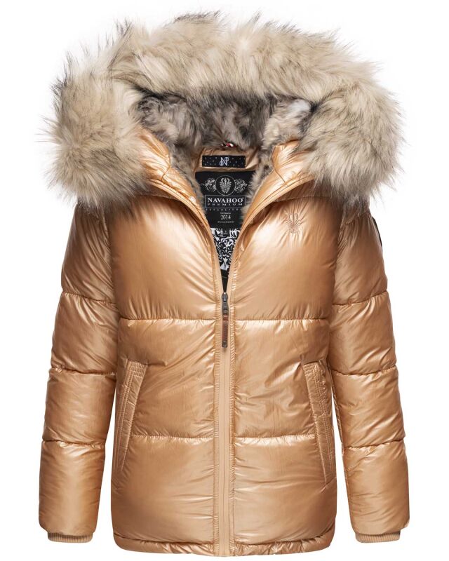 Navahoo Tikunaa Damen Winterjacke mit Kapuze und Kunstfellkragen Gold