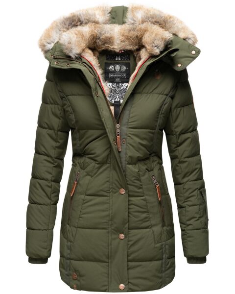 Marikoo warme Damen Steppmantel Winterjacke mit Kapuze Olive Größe XL - Gr. 42