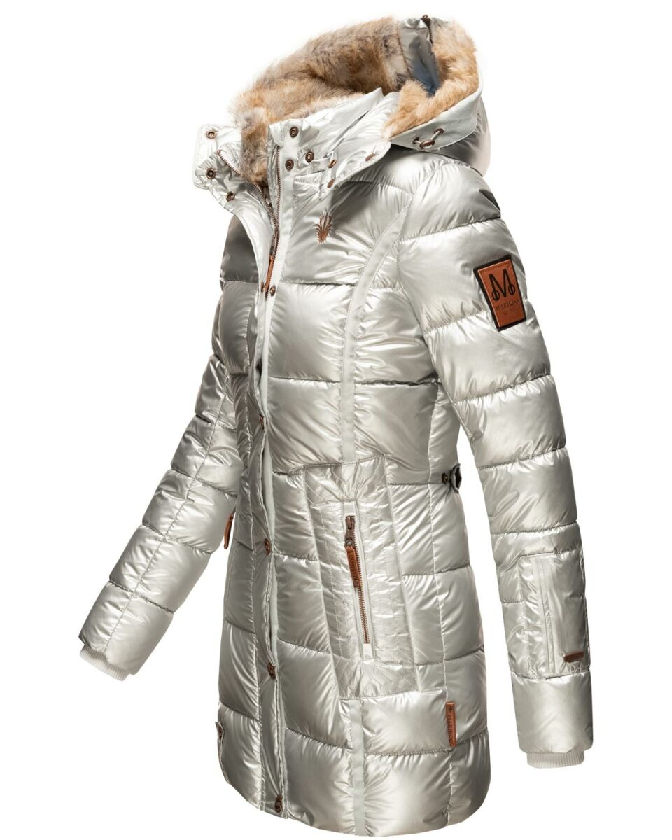 Marikoo warme Damen Steppmantel Winterjacke mit Kapuze Silber Größe M