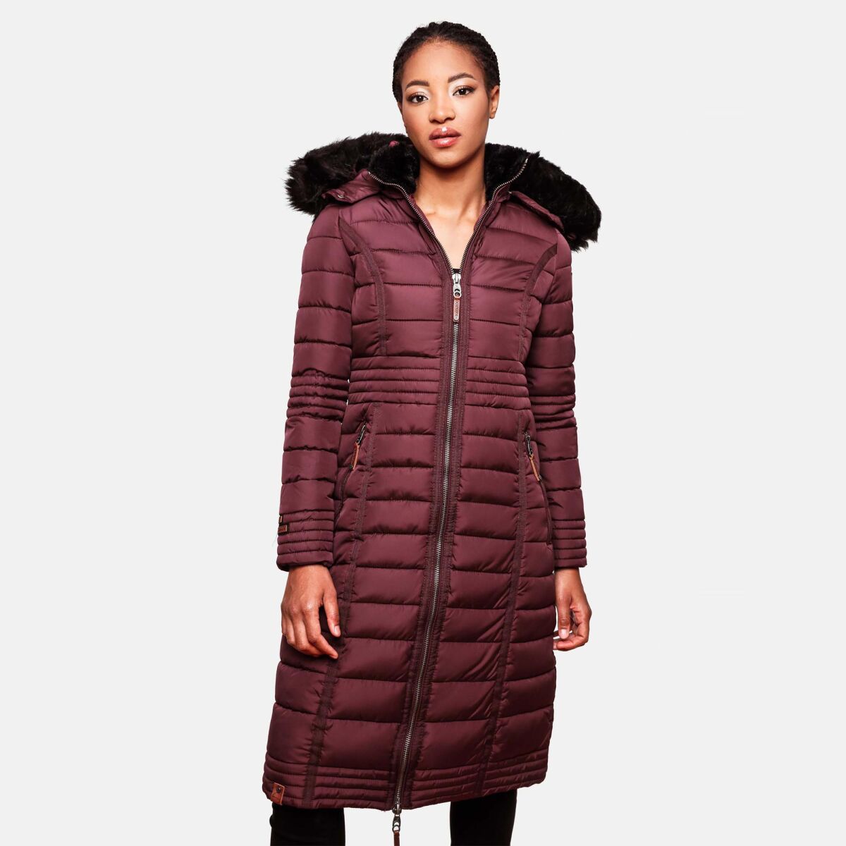 Navahoo Umay Damen lange Winterjacke mit Fellkragen Weinrot-Gr.S