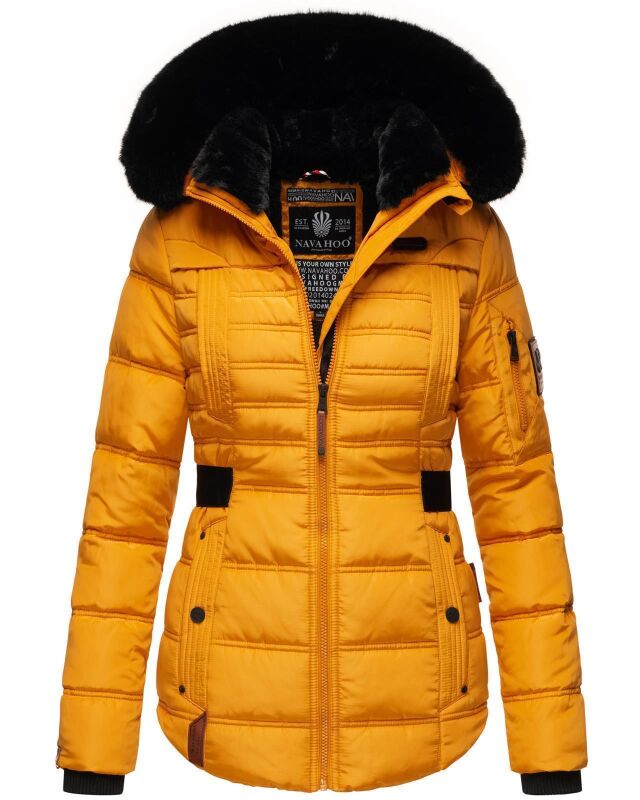 Navahoo Melikaa Damen Winterjacke mit Kunstfellkragen &amp; Kapuze Gelb-Gr.S