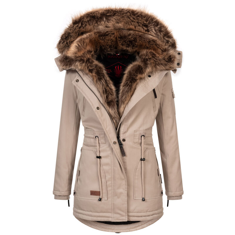 Navahoo Daria Damen Parka Jacke mit Kunstfellkragen Beige Gr&ouml;&szlig;e L - Gr. 40