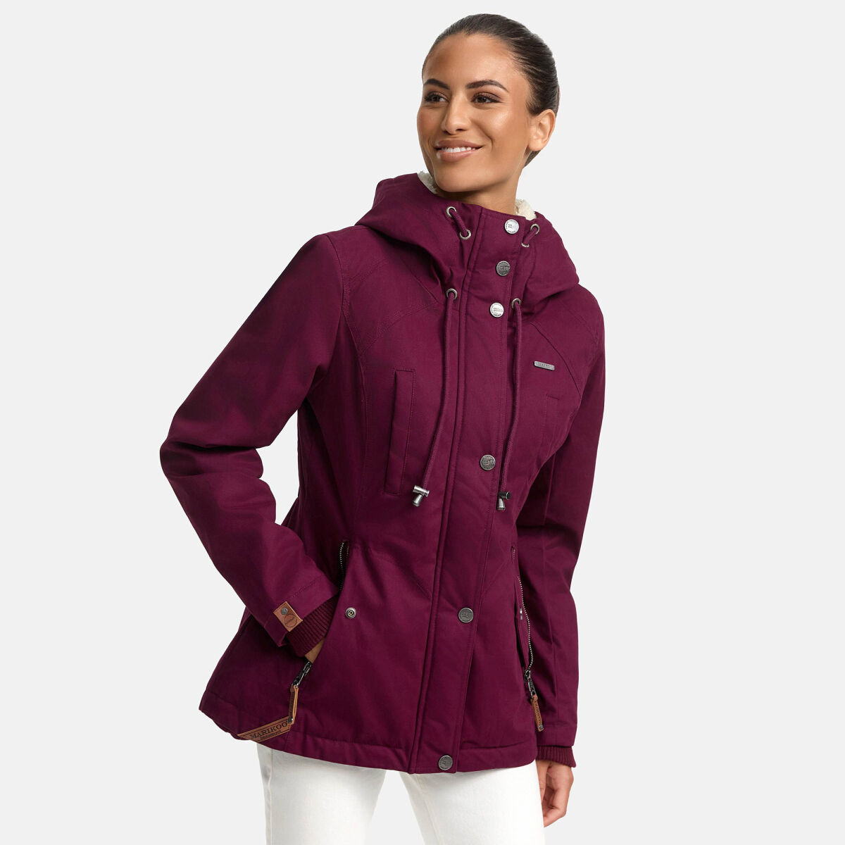Marikoo Bikoo Damen gefütterte Winterjacke mit Teddyfell Weinrot Größe S - Gr. 36