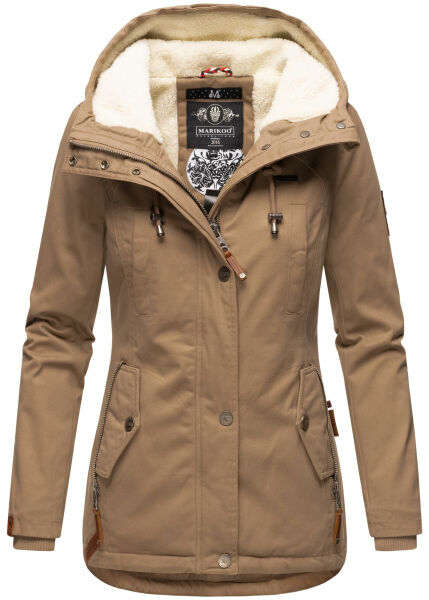 Marikoo Bikoo Damen gefütterte Winterjacke mit Teddyfell Taupe Größe XXL - Gr. 44