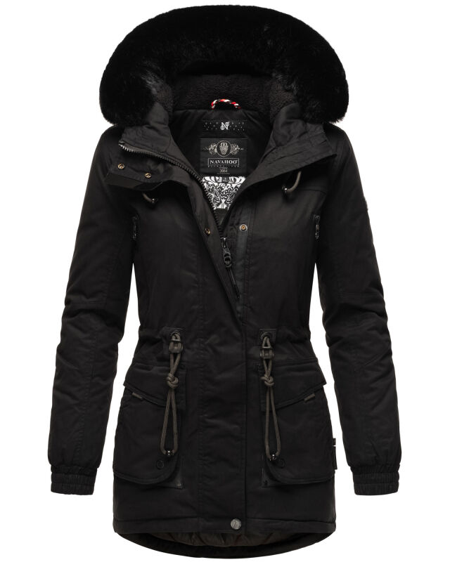 Navahoo Olessaa Damen halblange Winterjacke mit Kapuze Schwarz L - Gr. 40