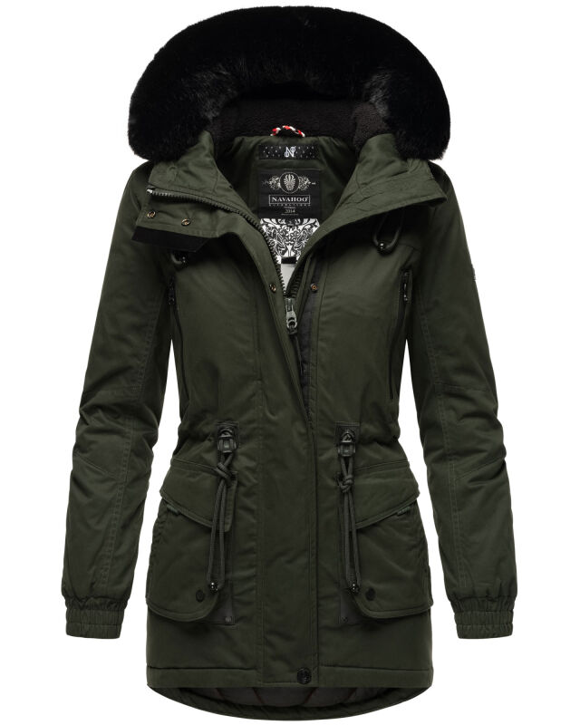 Navahoo Olessaa Damen halblange Winterjacke mit Kapuze Olive XL - Gr. 42