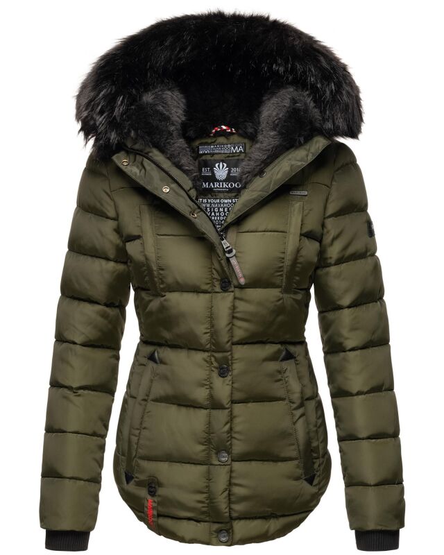 Marikoo Lotus warme Damen Winterjacke gesteppt mit Kunstfell Olive Gr&ouml;&szlig;e XS - Gr. 34
