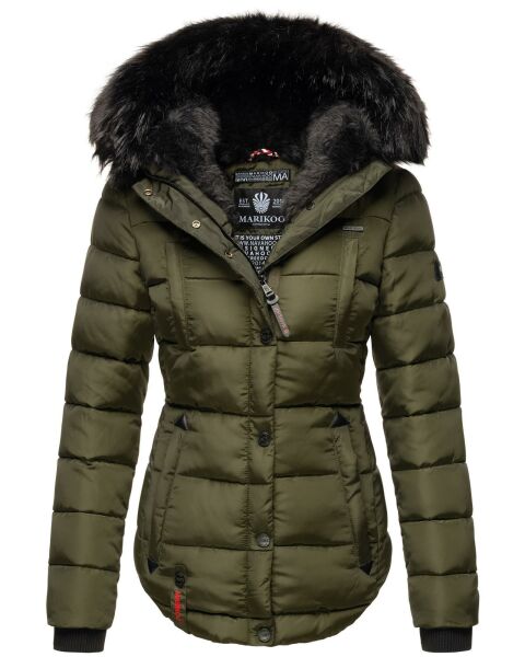 Marikoo Lotusblüte warme Damen Winterjacke gesteppt mit Kunstfell Olive