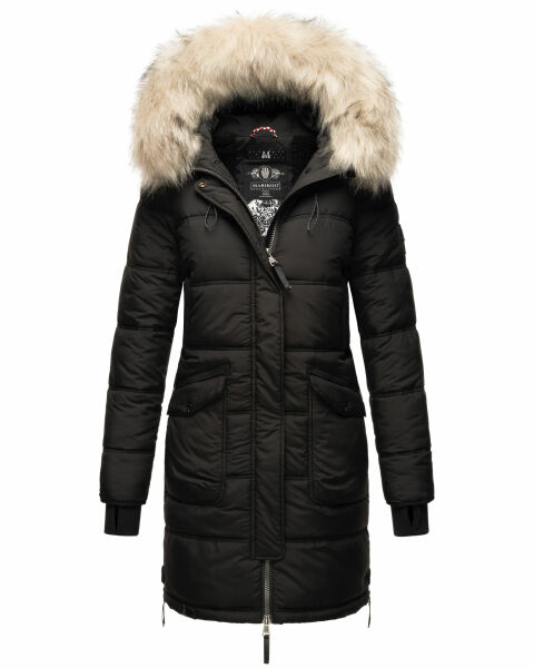 Marikoo Chaskaa Damen lange Winter Steppjacke mit KunstfellKragen Schwarz-Gr.XS