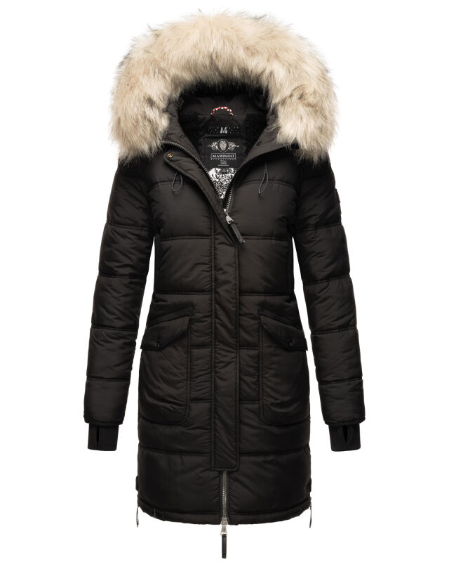 Marikoo Chaskaa Damen lange Winter Steppjacke mit KunstfellKragen Schwarz-Gr.S
