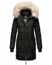 Marikoo Chaskaa Damen lange Winter Steppjacke mit KunstfellKragen Schwarz-Gr.S