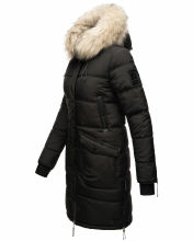 Marikoo Chaskaa Damen lange Winter Steppjacke mit KunstfellKragen Schwarz-Gr.M
