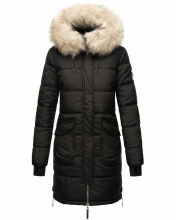 Marikoo Chaskaa Damen lange Winter Steppjacke mit KunstfellKragen Schwarz-Gr.L