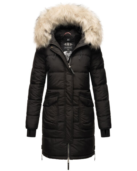 Marikoo Chaskaa Damen lange Winter Steppjacke mit KunstfellKragen Schwarz-Gr.XXL
