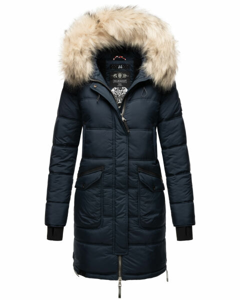 Marikoo Chaskaa Damen lange Winter Steppjacke mit KunstfellKragen Navy-Gr.XS