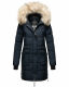 Marikoo Chaskaa Damen lange Winter Steppjacke mit KunstfellKragen Navy-Gr.XS